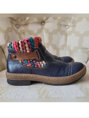 RIEKER FELICITAS MID BOOTS  BOHO KNIT CUFF ZIPPER LINED NAVY EU 37 6 6.5